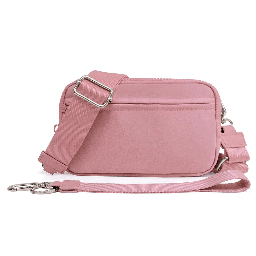 Versatile Pink Crossbody Bag with Detachable Straps & Water-Resistant Fabric