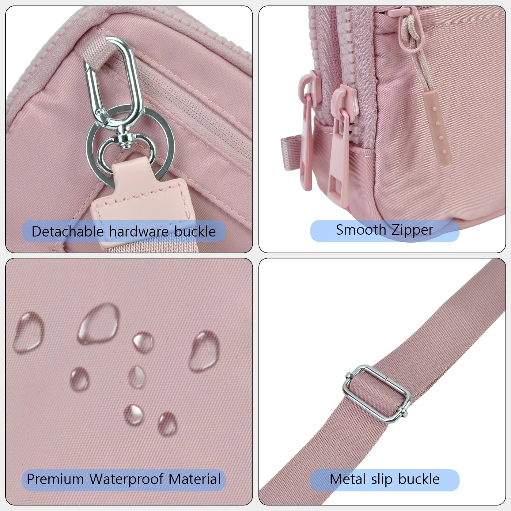 Versatile Pink Crossbody Bag with Detachable Straps & Water-Resistant Fabric