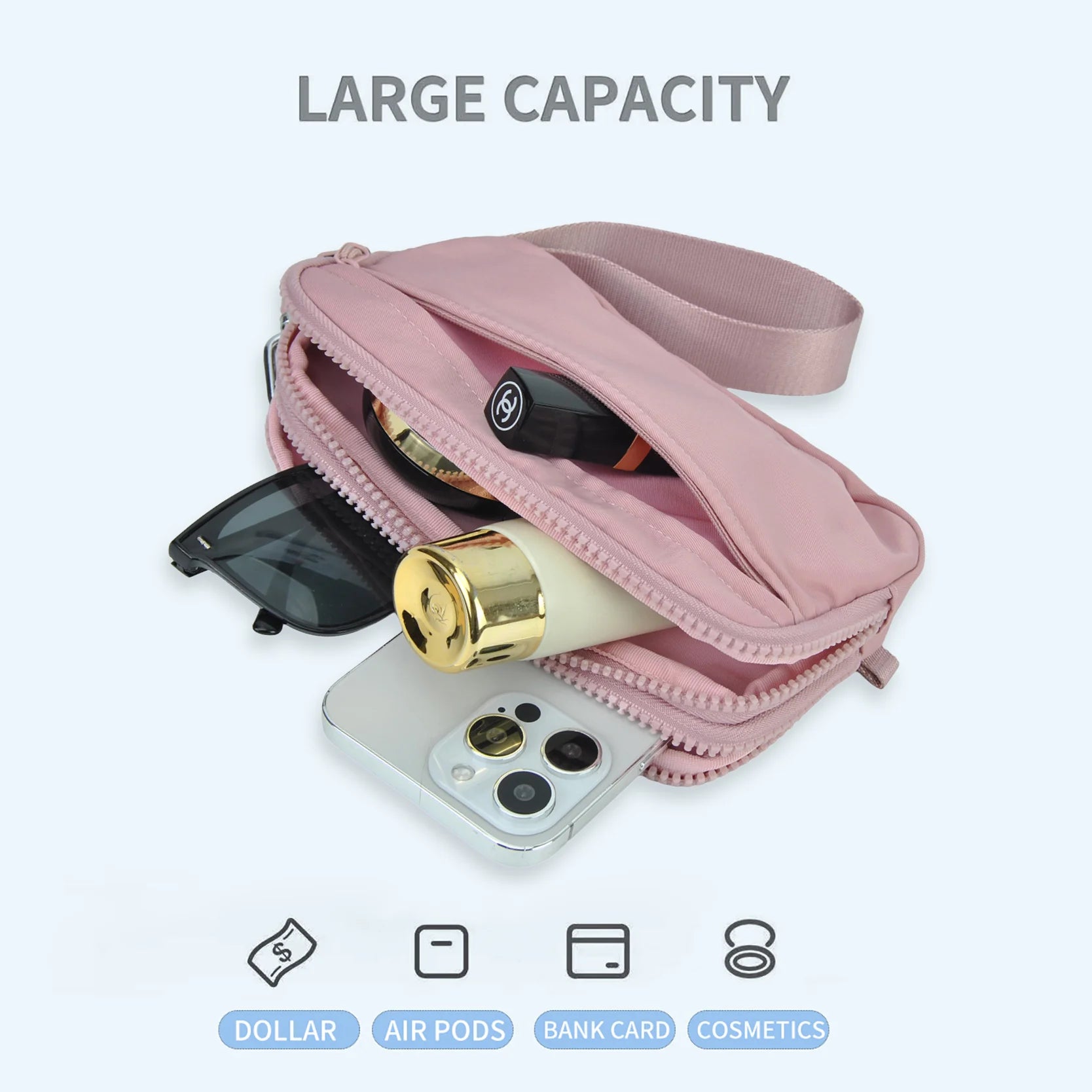 Versatile Pink Crossbody Bag with Detachable Straps & Water-Resistant Fabric
