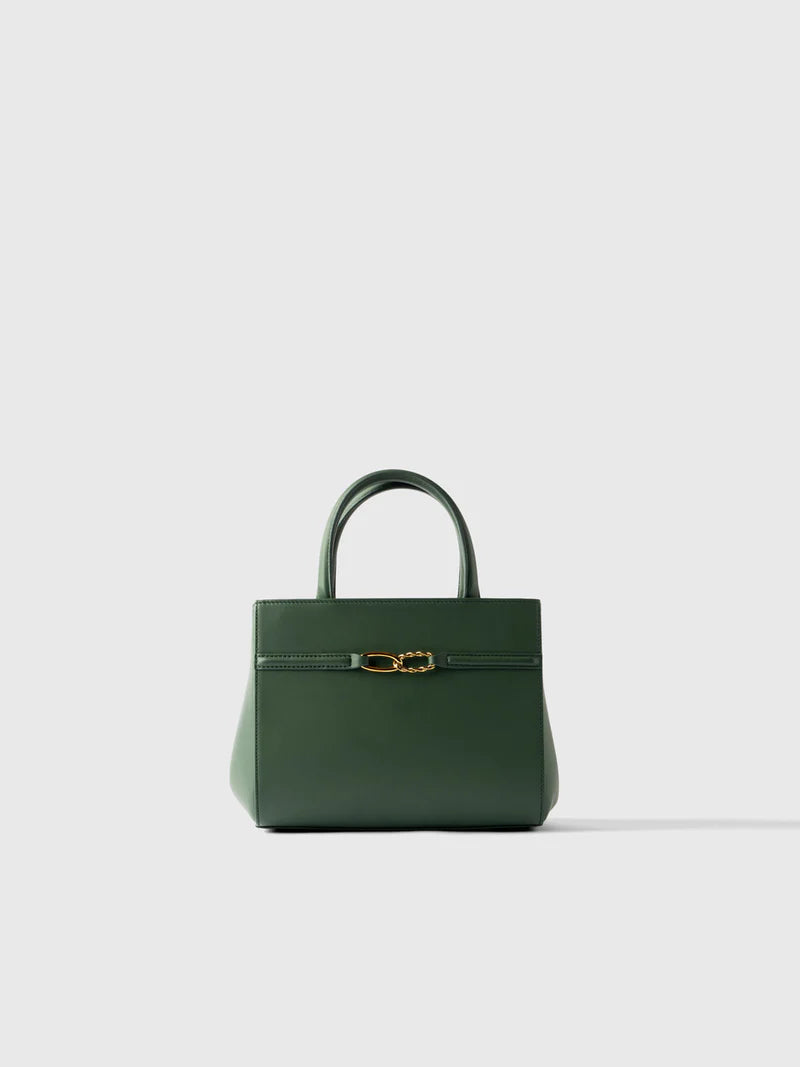 Elegant Dark Green Leather Top-Handle Bag with Detachable Strap