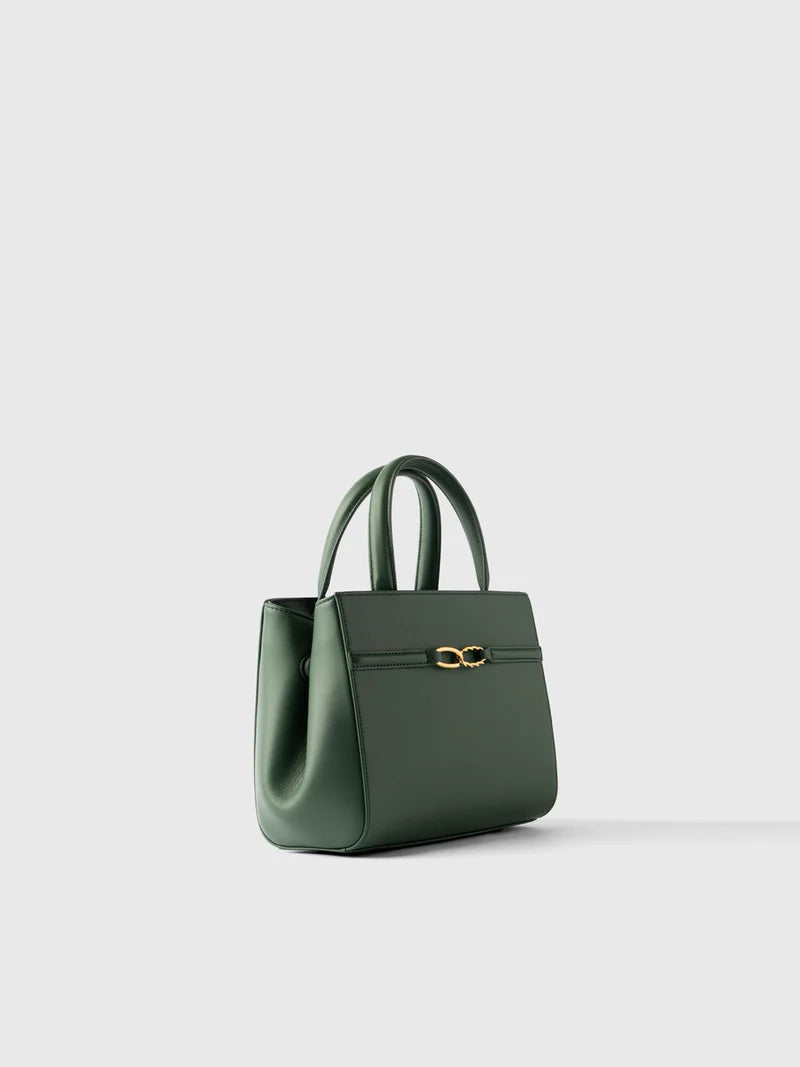 Elegant Dark Green Leather Top-Handle Bag with Detachable Strap