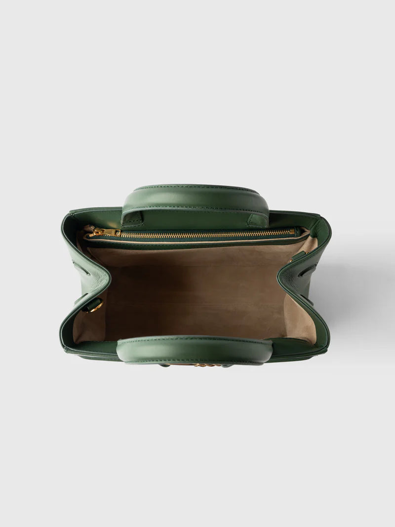 Elegant Dark Green Leather Top-Handle Bag with Detachable Strap