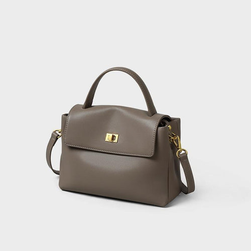 Grey Leather Shoulder Bag with Gold Turn-Lock Detail