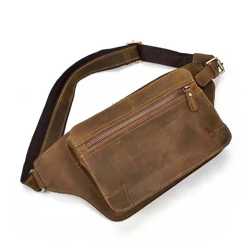 Vintage Leather Belt Bag with Zipper Pockets