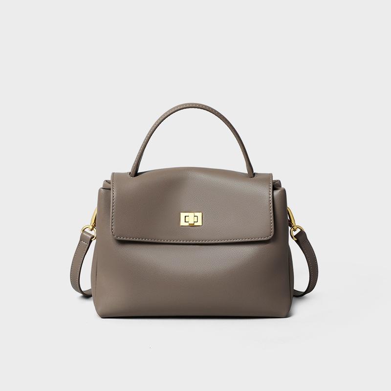 Grey Leather Shoulder Bag with Gold Turn-Lock Detail