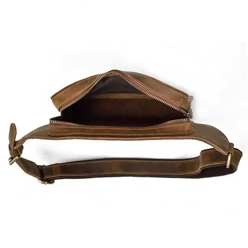 Vintage Leather Belt Bag with Zipper Pockets