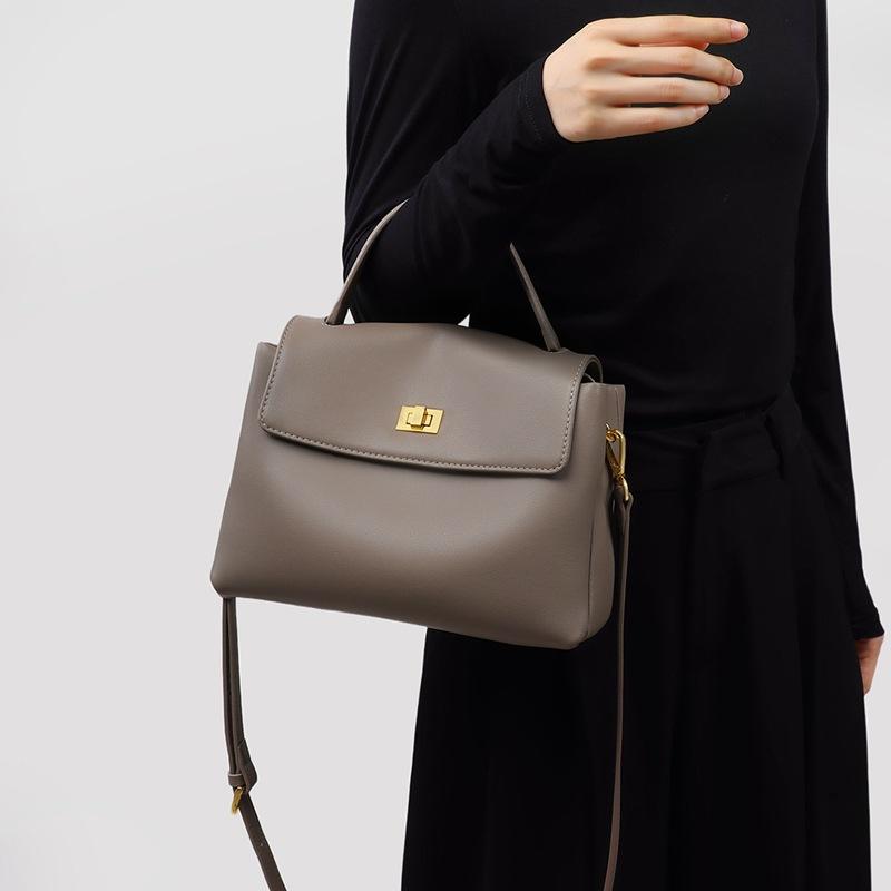 Grey Leather Shoulder Bag with Gold Turn-Lock Detail