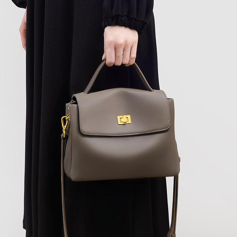 Grey Leather Shoulder Bag with Gold Turn-Lock Detail
