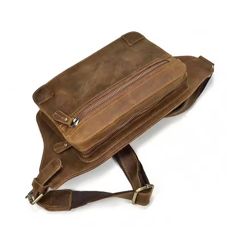 Vintage Leather Belt Bag with Zipper Pockets